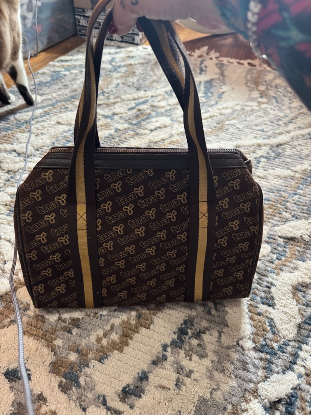 TNA Brown Barrel Tote with Striped Mustard Handles - Picture 8 of 10